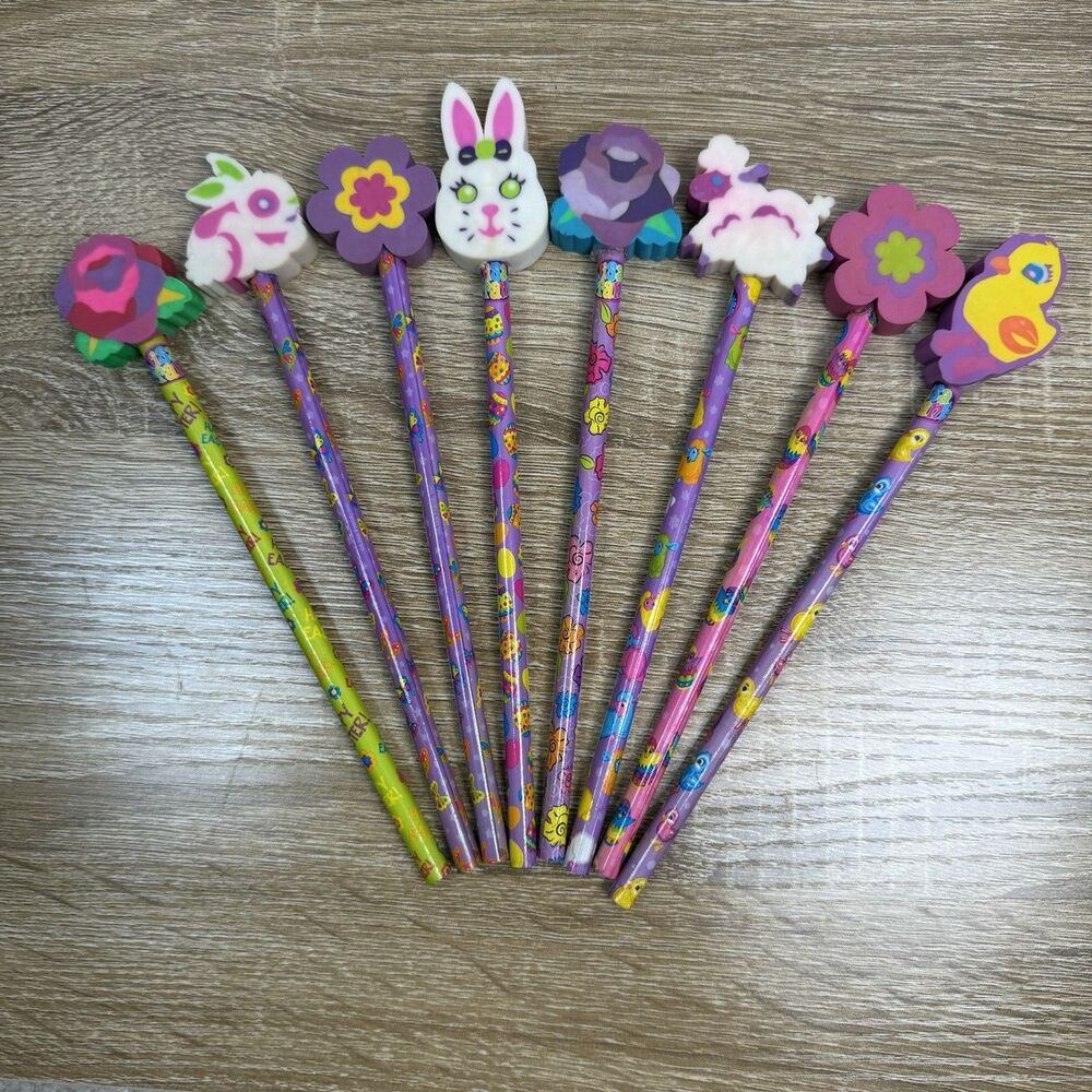 Vintage Lisa Frank Easter Pencils Large Eraser Top Lot Of 8 Y2K Colorful Kidcore